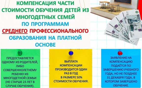 Порядок компенсации части стоимости обучения детей из многодетных семей по образовательным программам среднего профессионального образования на платной основе.